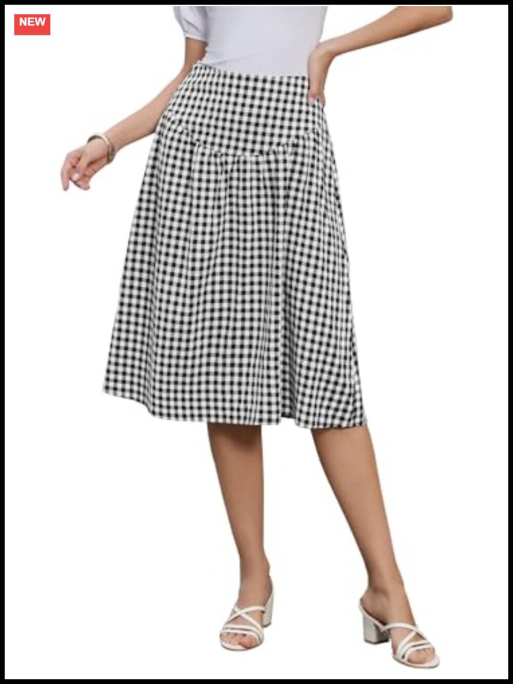 Gingham A-Line Midi Skirt High Waist Flared Summer Casual